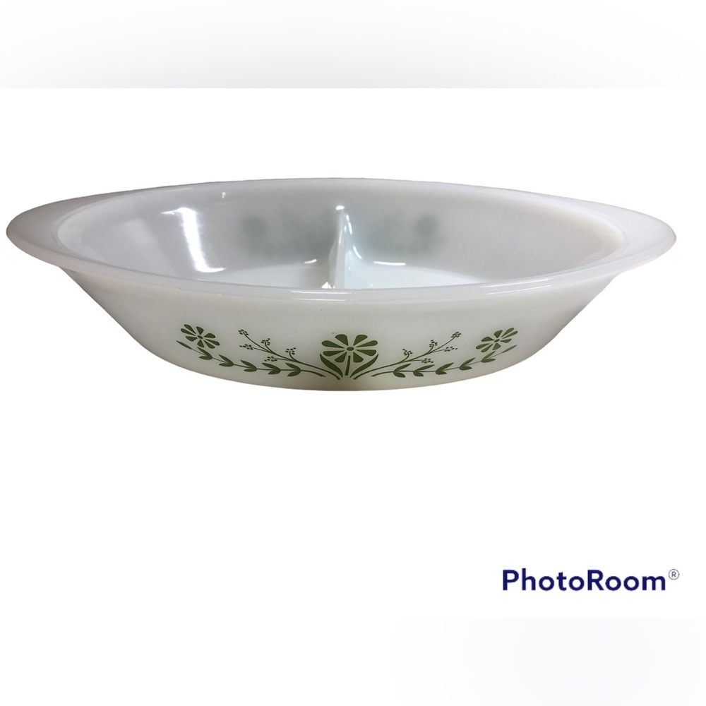 Vintage Glasbake Divided Casserole Dish / Green Daisy Glass Ovenware, J2352